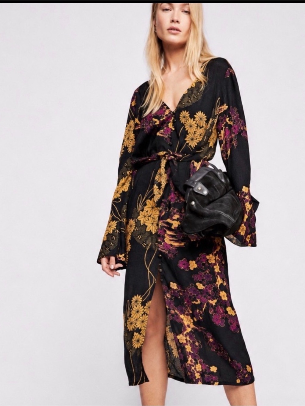 Free People Fiesta Floral Midi Dress M Dark Romantic WhimsyGoth Boho Loop Button
